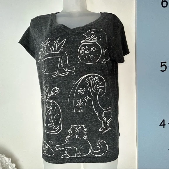 Marushka Gray Heathered Cat Antics T-shirt Small - Picture 2 of 10